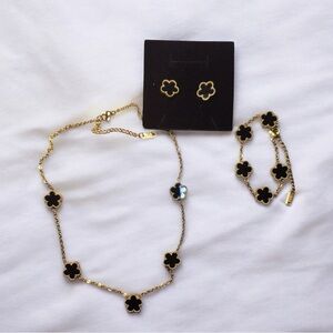 Set of 3 black/Gold Four-Leaf Clover Necklace, Earring Bracelet 18k Gold-Plated